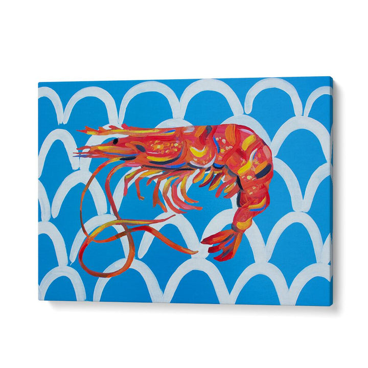 Prawn on Blue Wavey by Alice Straker Cafe Art Prints Cafe Posters in Gallery Wrap