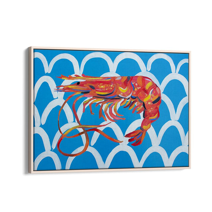 Prawn on Blue Wavey by Alice Straker Cafe Art Prints Cafe Posters in Oak Wood Floater Frame