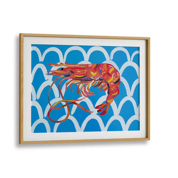 Prawn on Blue Wavey by Alice Straker Cafe Art Prints Cafe Posters in Oak Wood Frame With Mount