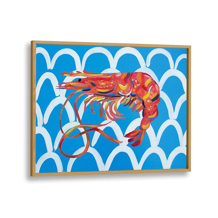 Prawn on Blue Wavey by Alice Straker Cafe Art Prints Cafe Posters in Oak Wood Plain Frame