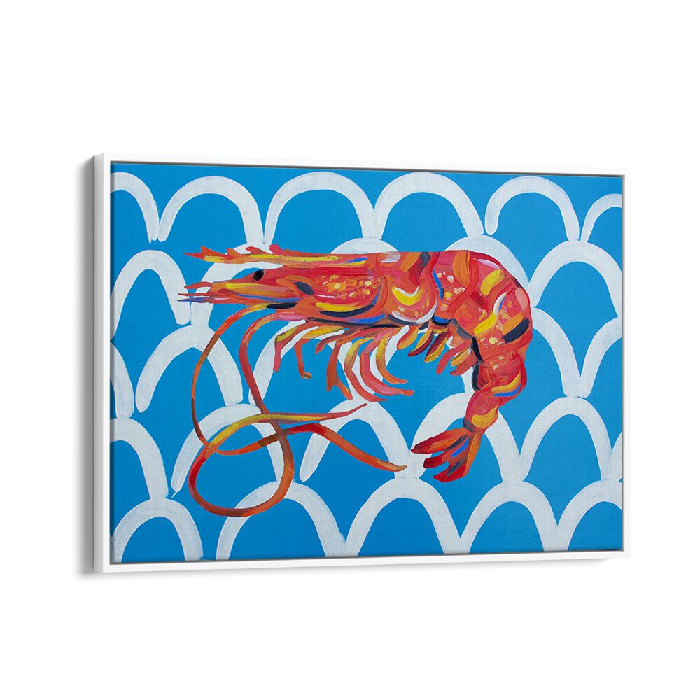 Prawn on Blue Wavey by Alice Straker Cafe Art Prints Cafe Posters in White Floater Frame