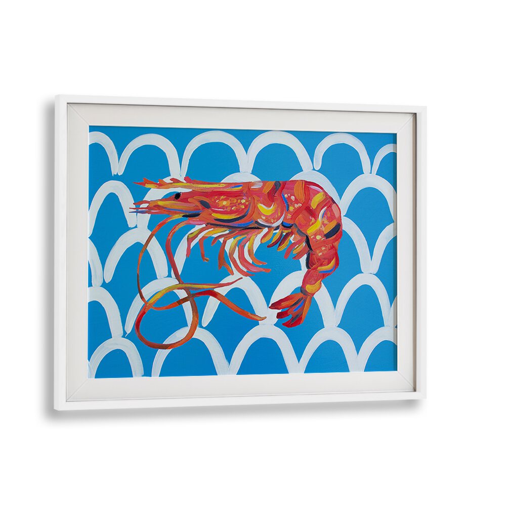 Prawn on Blue Wavey by Alice Straker Cafe Art Prints Cafe Posters in White Frame With Mount