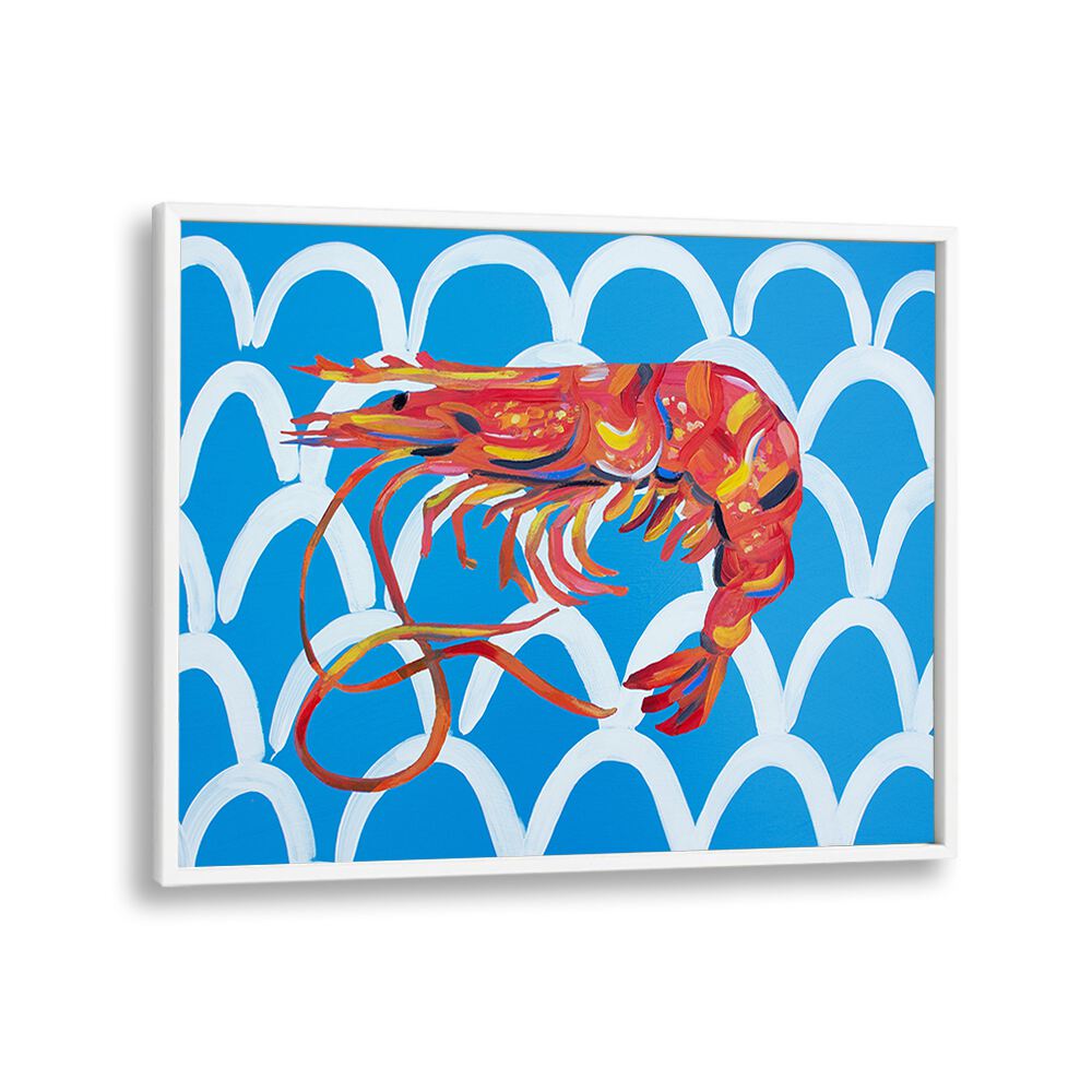 Prawn on Blue Wavey by Alice Straker Cafe Art Prints Cafe Posters in White Plain Frame