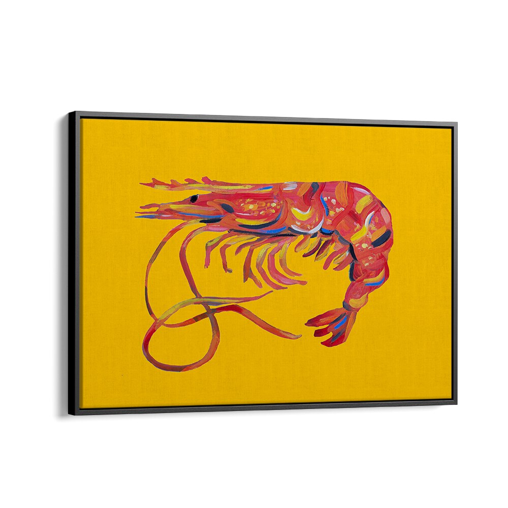 Prawn on Yellow by Alice Straker Cafe Art Prints Cafe Posters in Black Floater Frame