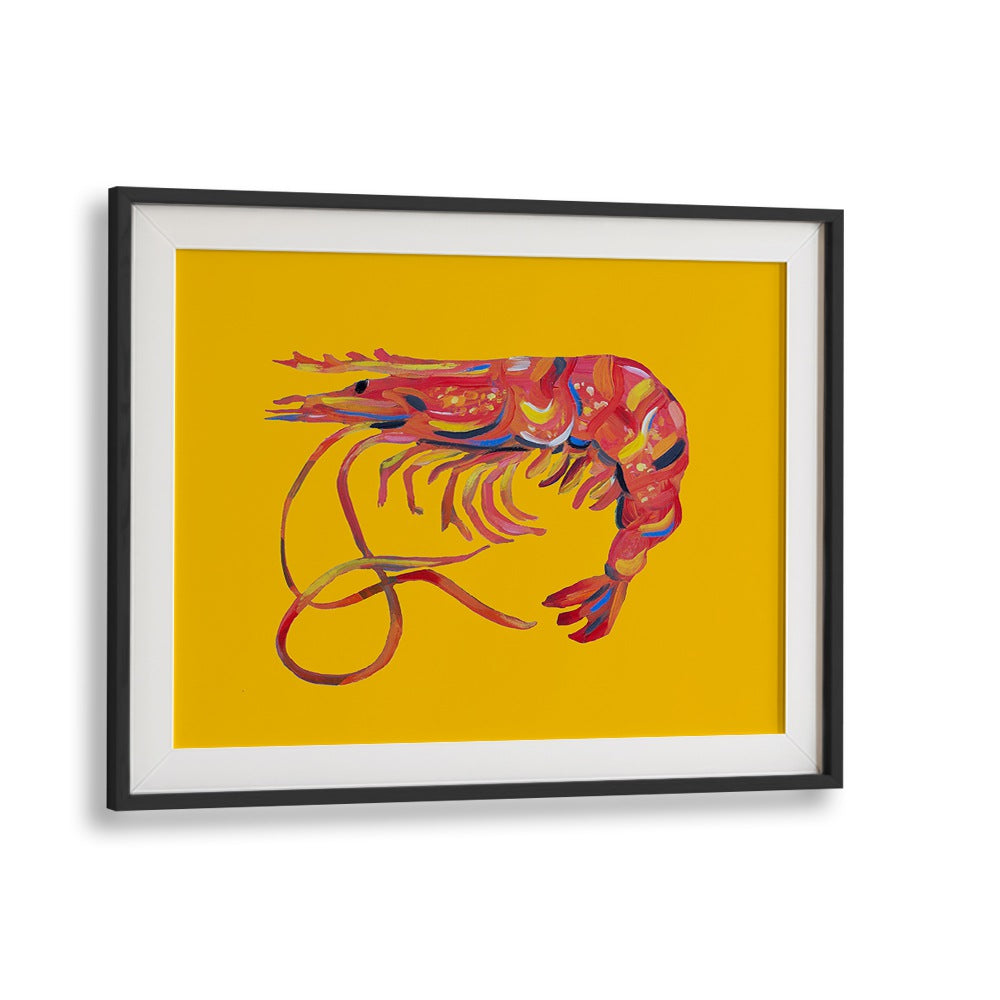 Prawn on Yellow by Alice Straker Cafe Art Prints Cafe Posters in Black Frame With Mount