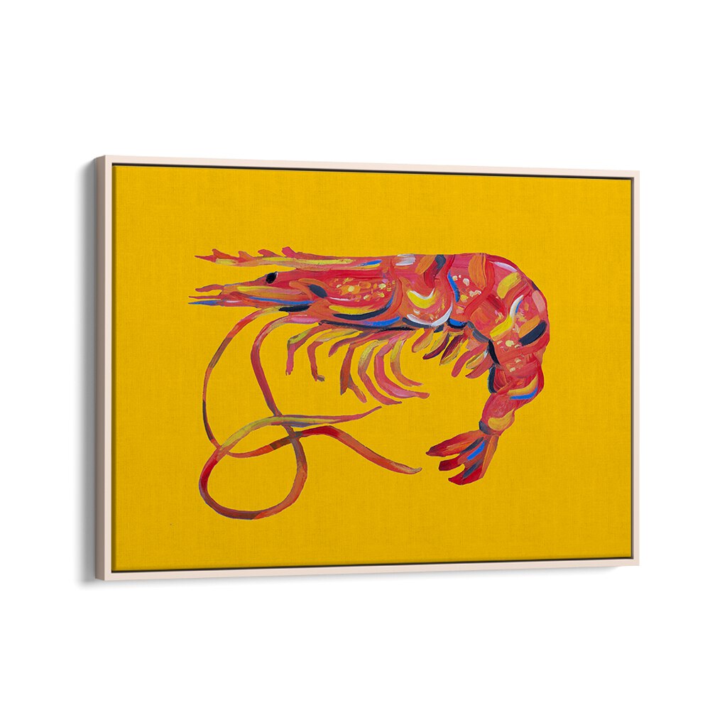 Prawn on Yellow by Alice Straker Cafe Art Prints Cafe Posters in Oak Wood Floater Frame