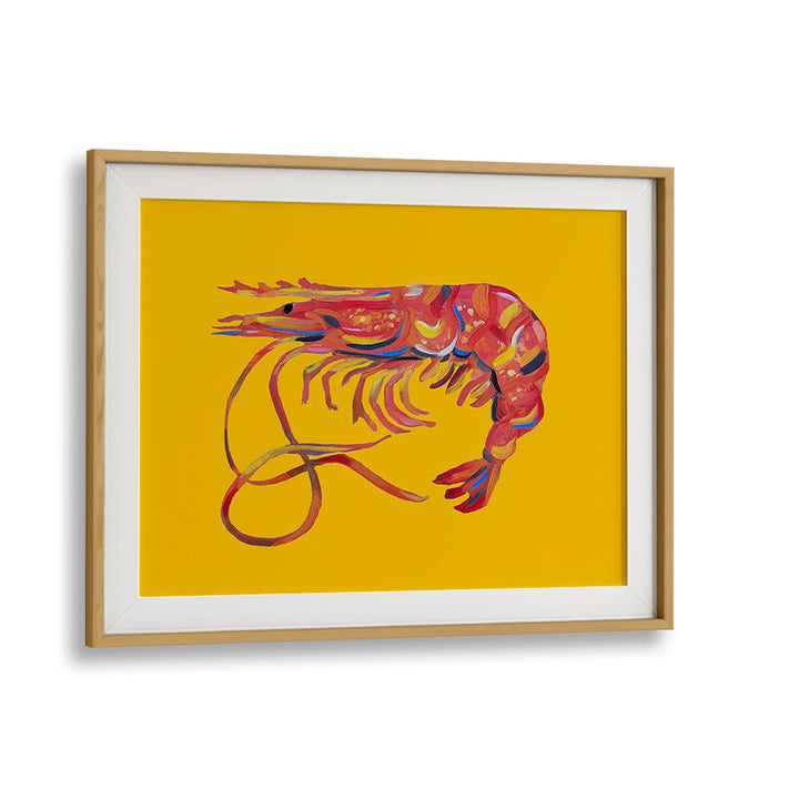 Prawn on Yellow by Alice Straker Cafe Art Prints Cafe Posters in Oak Wood Frame With Mount