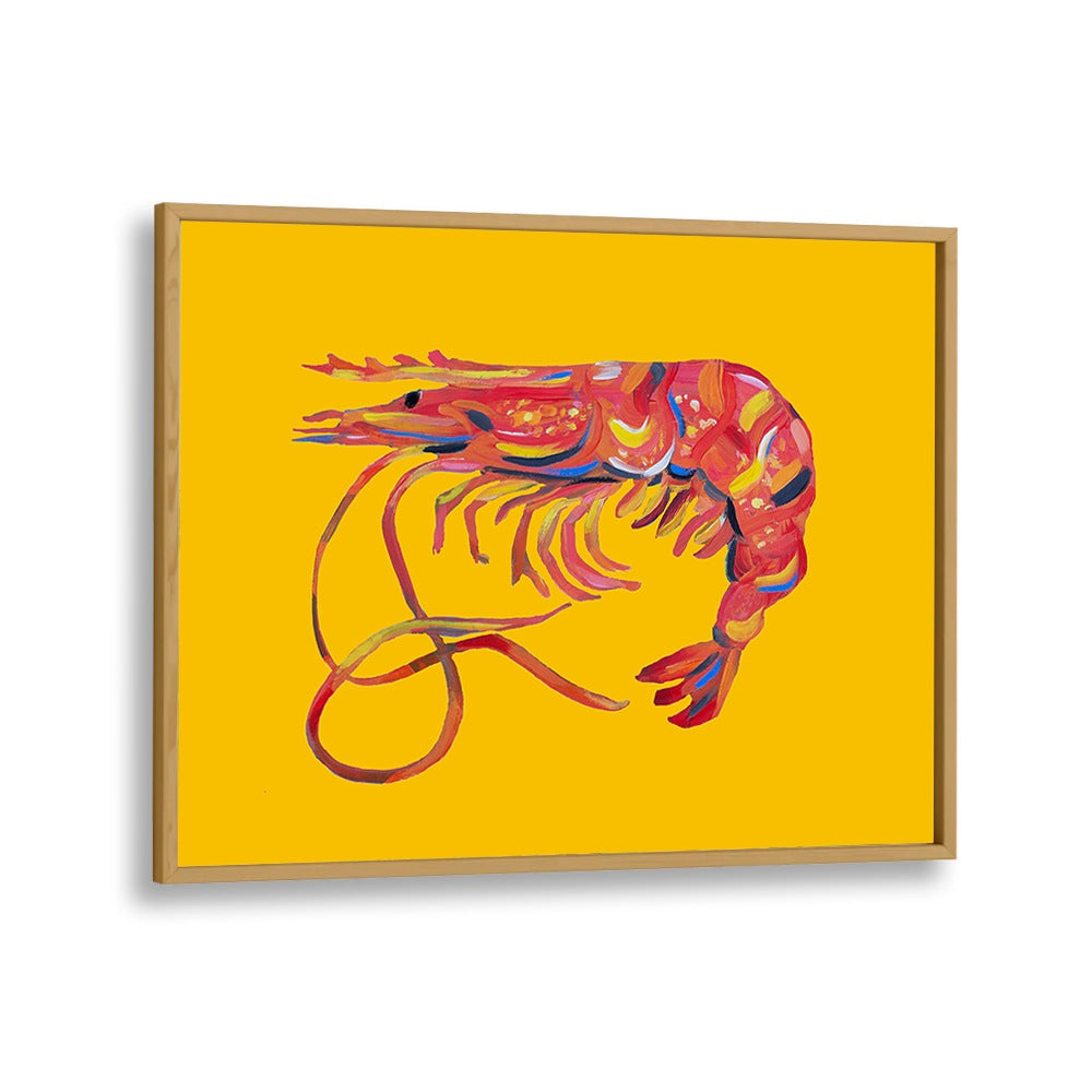 Prawn on Yellow by Alice Straker Cafe Art Prints Cafe Posters in Oak Wood Plain Frame