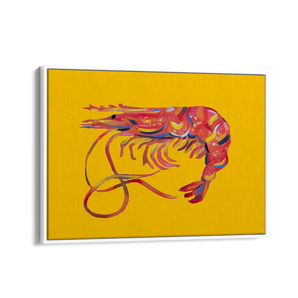 Prawn on Yellow by Alice Straker Cafe Art Prints Cafe Posters in White Floater Frame