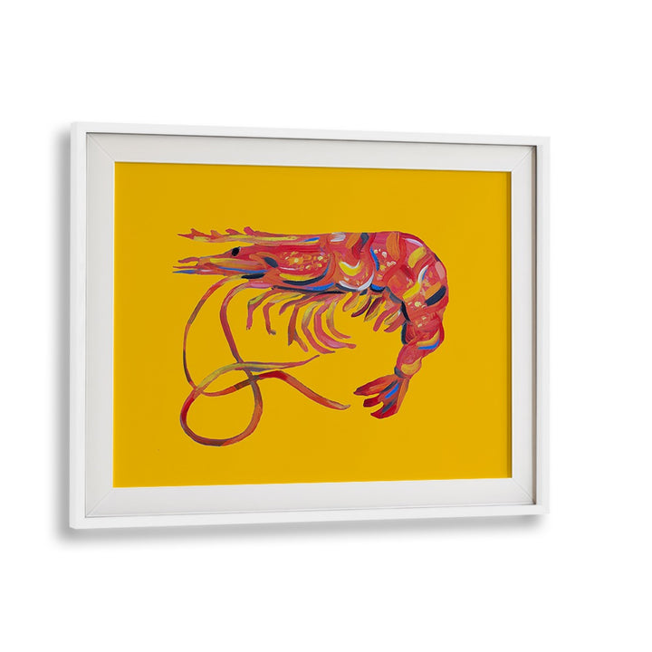 Prawn on Yellow by Alice Straker Cafe Art Prints Cafe Posters in White Frame With Mount