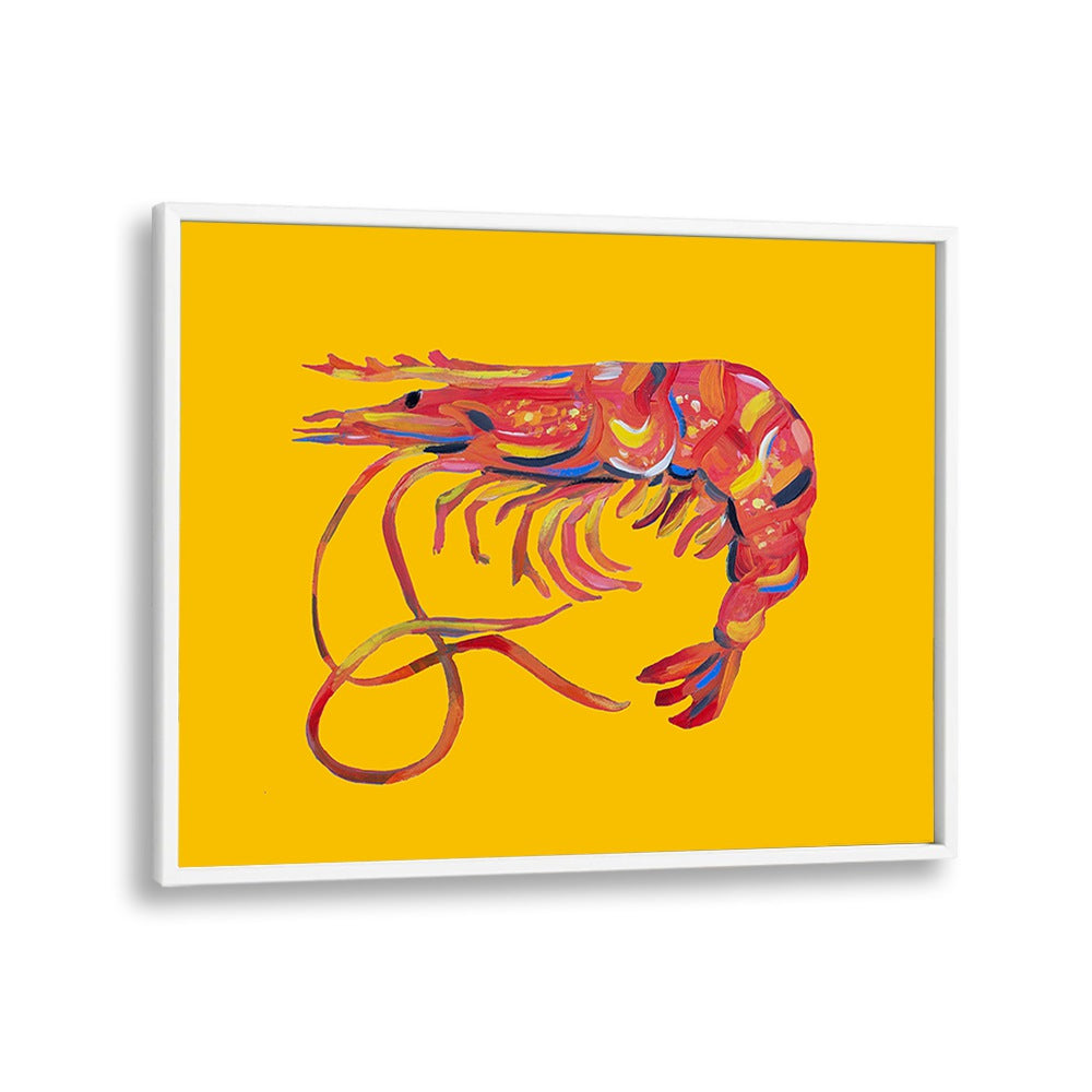 Prawn on Yellow by Alice Straker Cafe Art Prints Cafe Posters in White Plain Frame