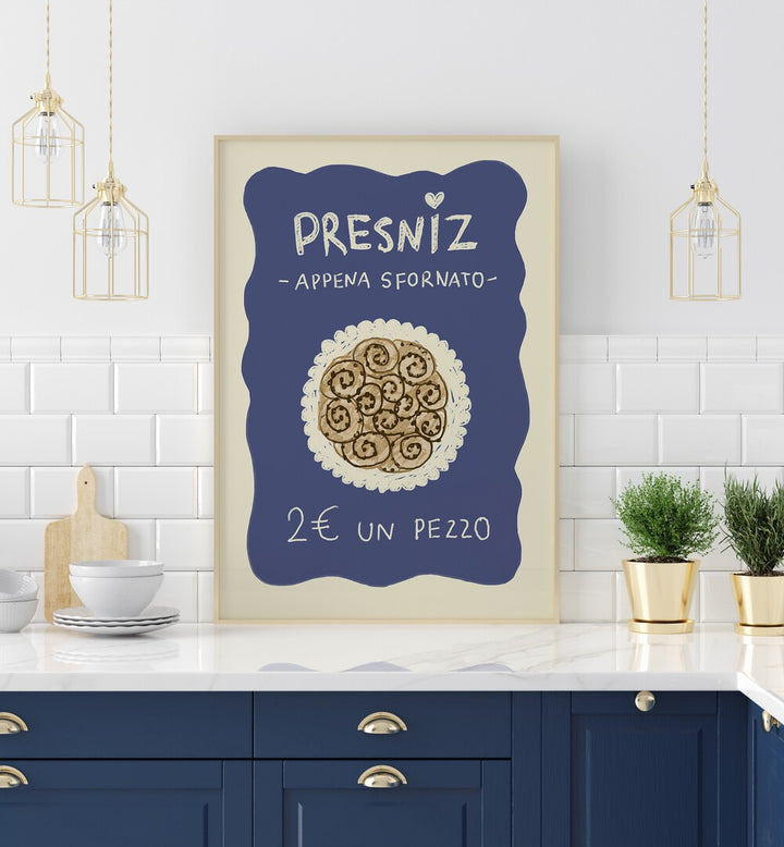 Presniz Up by Studio Dolci Kitchen Posters in Oak Wood Plain Frame placed on a kitchen counter for kitchen area