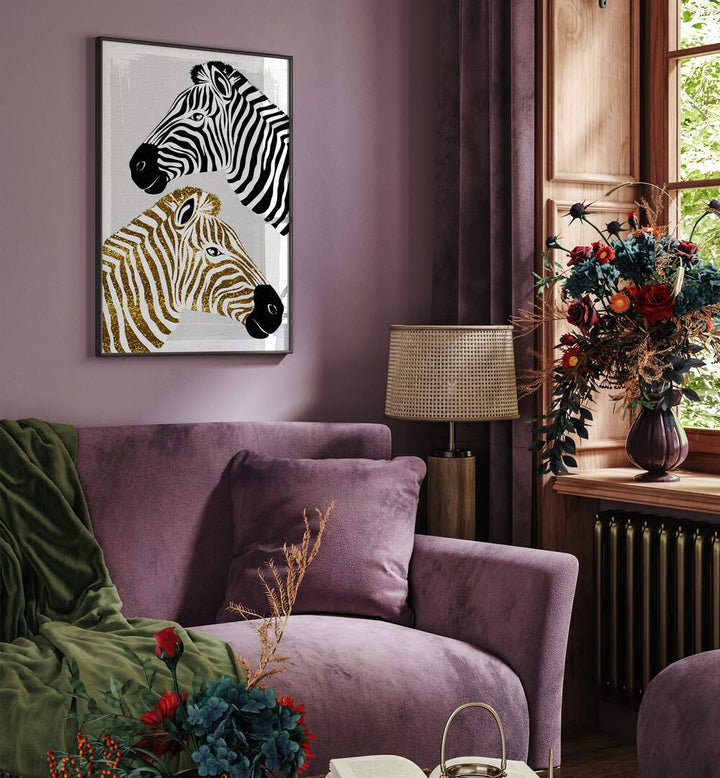 Pretty Zebras by Martina Fashion Paintings Fashion Posters  placed on wall 
