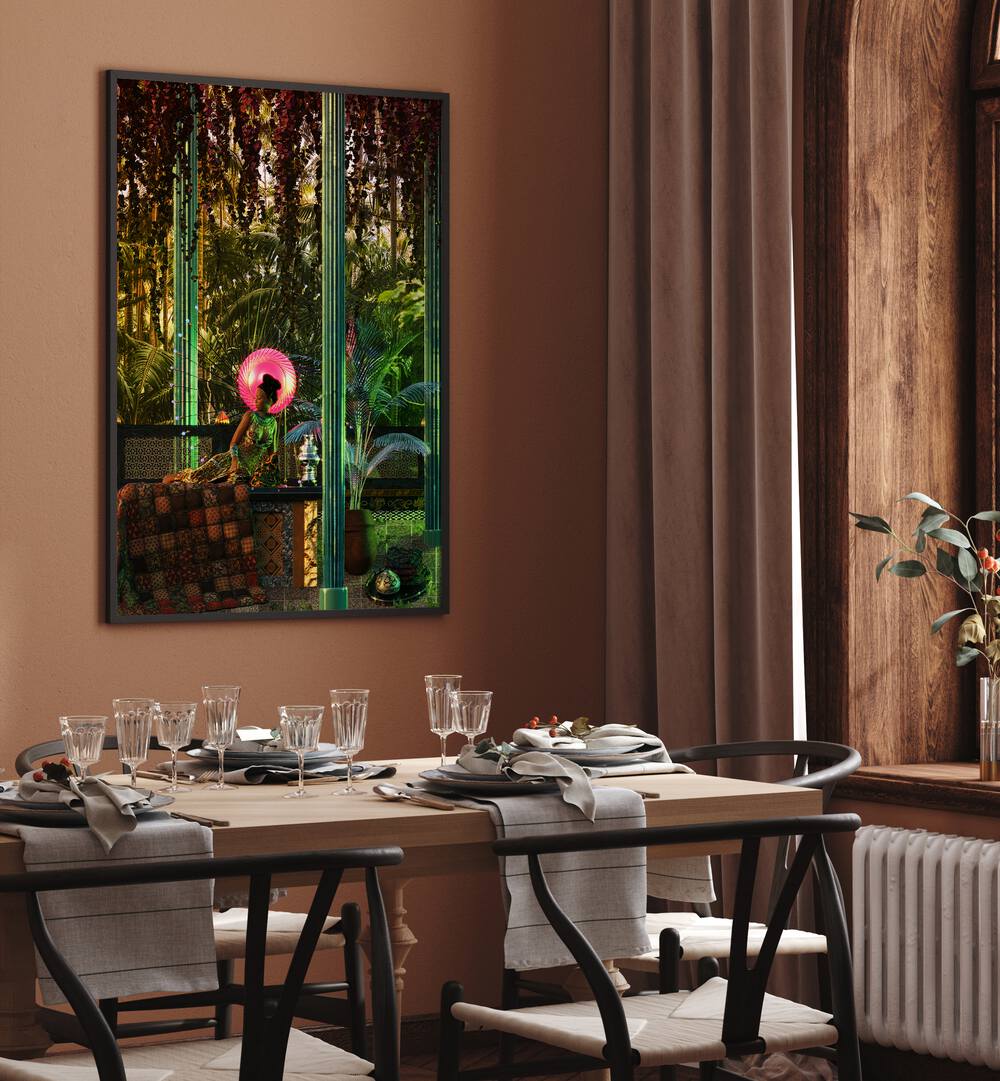 Princess in a Forest By Cosmo Zach Surreal Art Prints Surrealism in Black Plain Frame placed on a wall behind a dining table