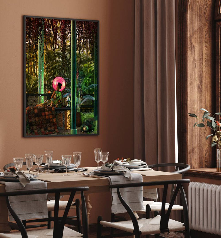 Princess in a Forest By Cosmo Zach Surreal Art Prints Surrealism in Black Plain Frame placed on a wall behind a dining table