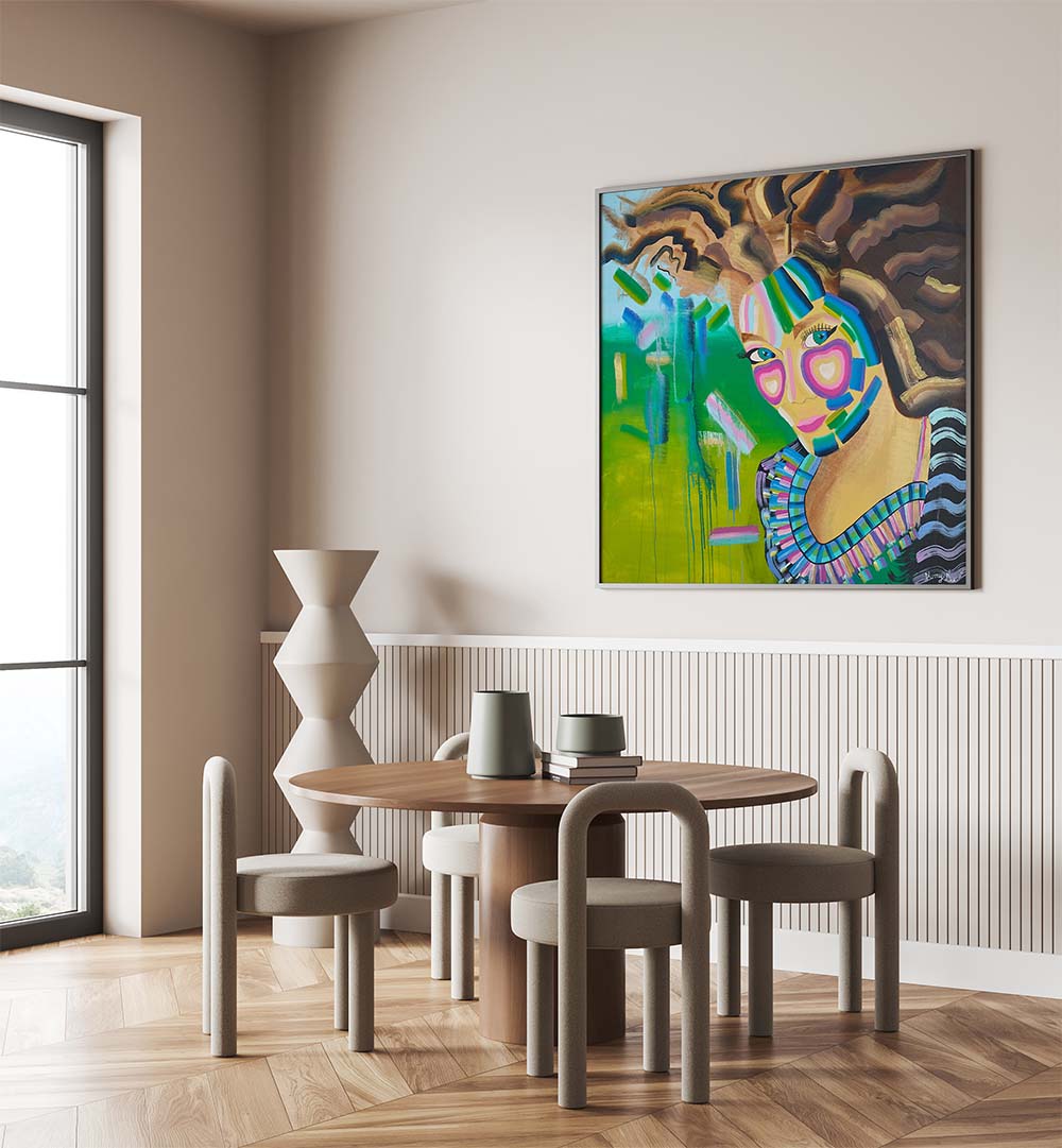 Vibrant PRINCESS, PORTRAITS artwork enhances a modern dining space with abstract emotional expression and intricate details.