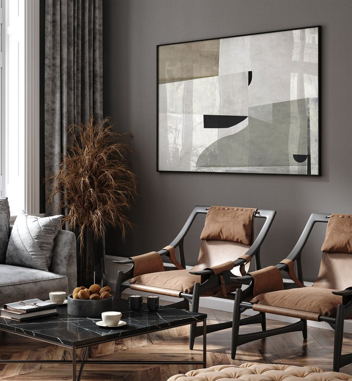 Priory By Dan Hobday Abstract Art Abstract Paintings in Black Plain Frame placed on a Grey Colored Wall in the Living Room