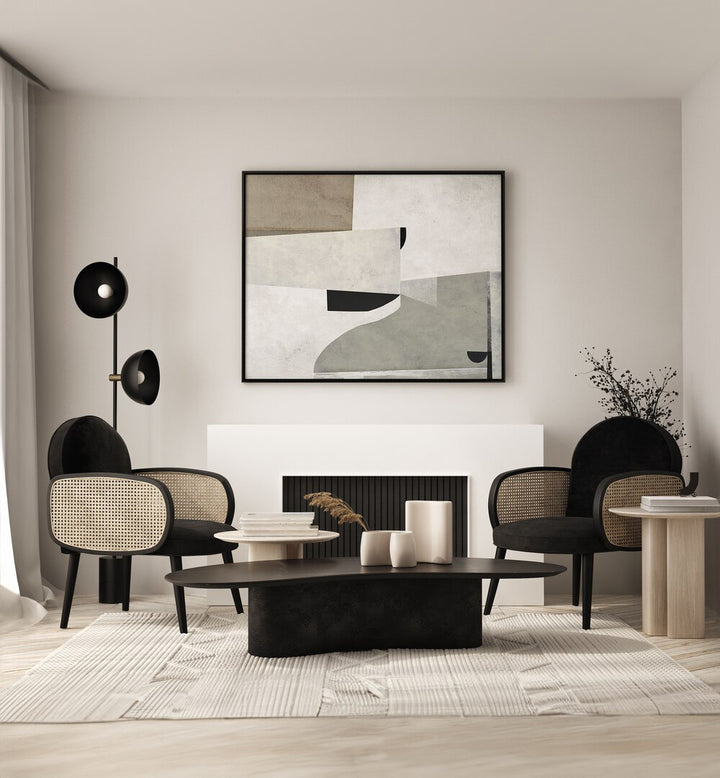 Priory By Dan Hobday Abstract Art Abstract Paintings in Black Plain Frame placed on a Cream Colored Wall in the Living Room