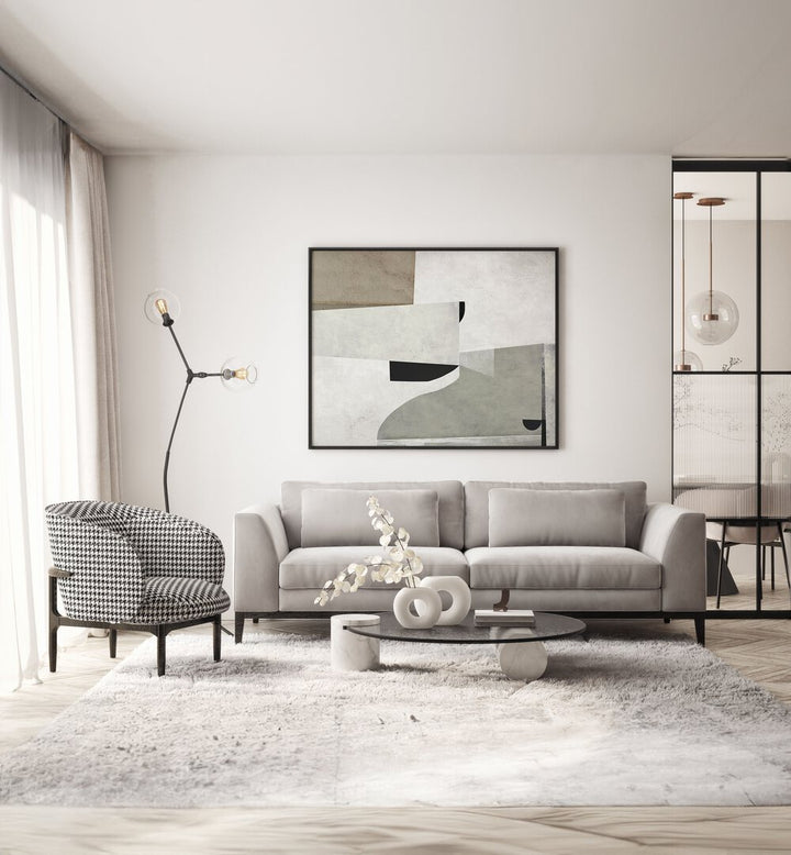 Priory By Dan Hobday Abstract Art Abstract Paintings in Black Plain Frame placed on a Cream Colored Wall near a Beige Sofa in the Living Room