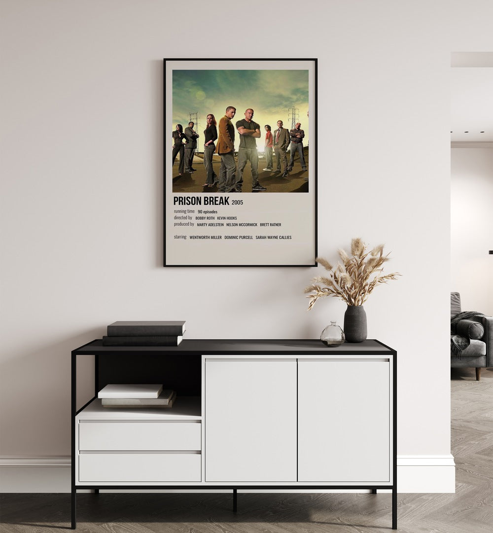 Prison Break 2005 Movie Posters in Black Plain Frame hanging on wall above console table