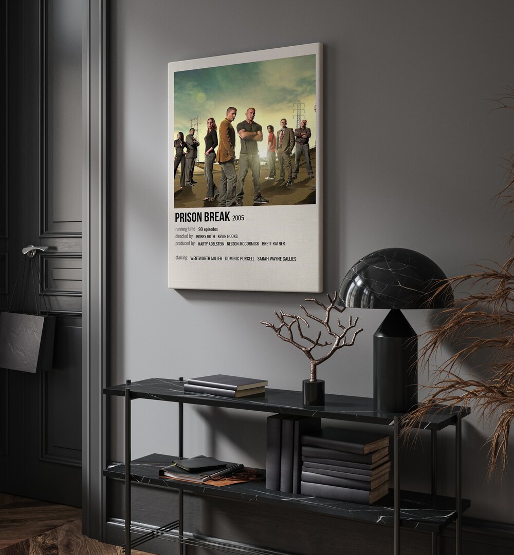 Prison Break 2005 Movie Posters in Gallery Wrap hanging on wall above console table beside door and window