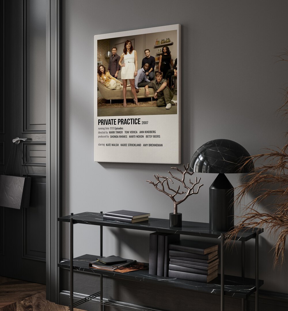 Private Practice 2007 Movie Posters in Gallery Wrap hanging on wall above console table beside door and window