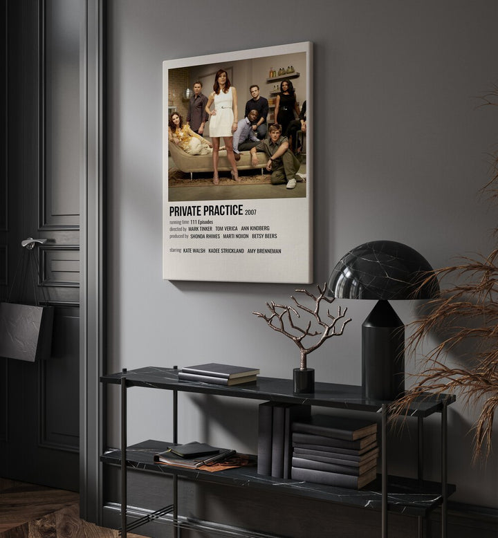 Private Practice 2007 Movie Posters in Gallery Wrap hanging on wall above console table beside door and window