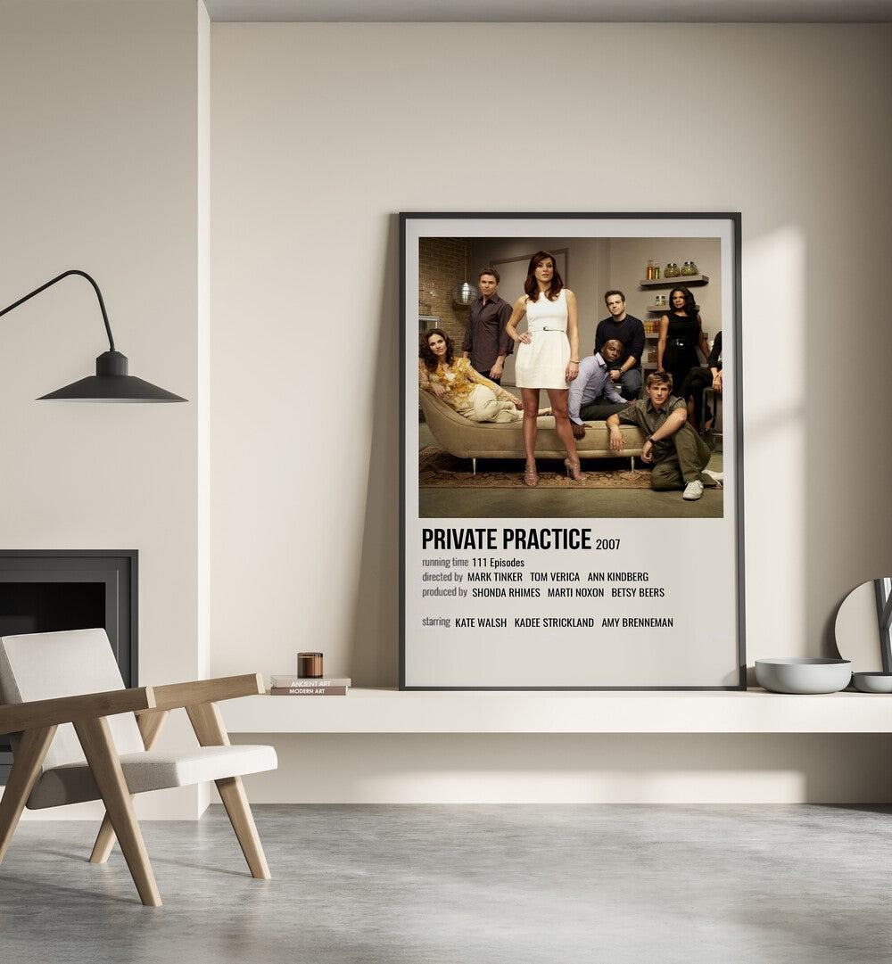 Private Practice 2007 Movie Posters in Black Plain Frame place on a wall behind a chair beside lamp