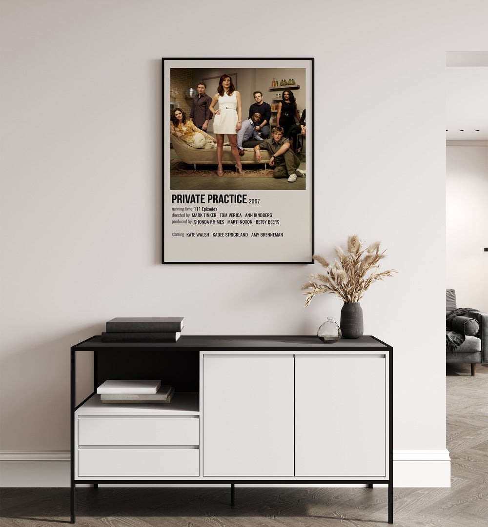 Private Practice 2007 Movie Posters in Black Plain Frame hanging on wall above console table
