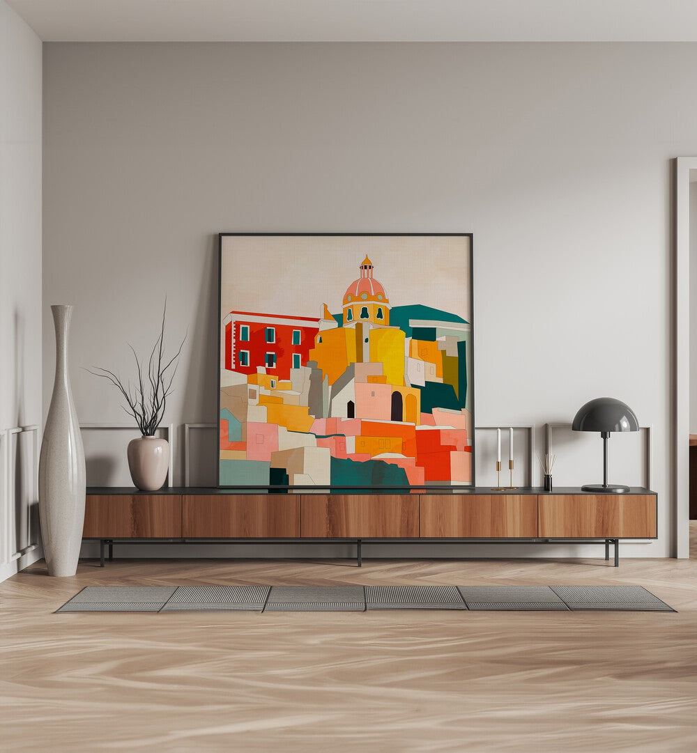 Procida Italy Kopie By Ana Rut Bre Abstract Art Abstract Paintings in Black Plain Frame placed on a Console Table near a Cream Colored Wall in the Drawing Room