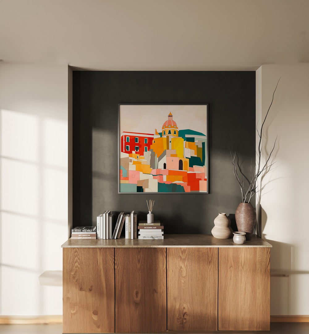 Procida Italy Kopie By Ana Rut Bre Abstract Art Abstract Paintings in Black Plain Frame placed on a Dark Grey Colored Wall above a Console Table in the Living Room