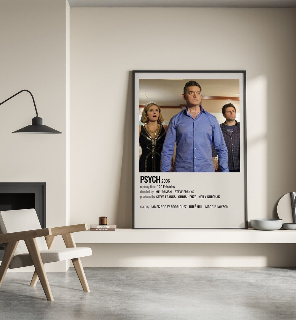 Psych 2006 Movie Posters in Black Plain Frame place on a wall behind a chair beside lamp