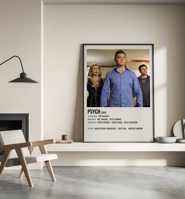 Psych 2006 Movie Posters in Black Plain Frame place on a wall behind a chair beside lamp