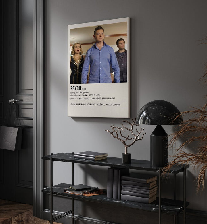 Psych 2006 Movie Posters in Gallery Wrap hanging on wall above console table beside door and window