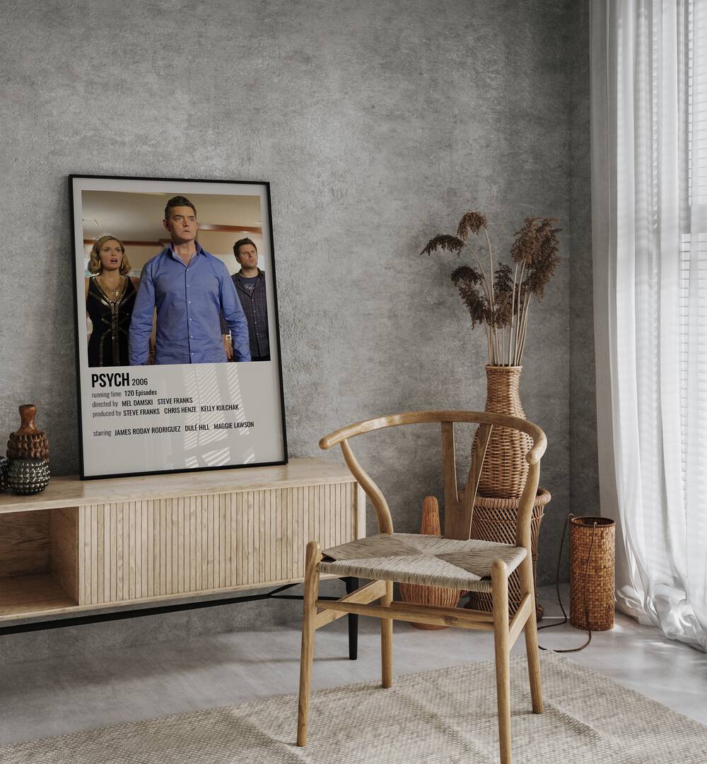 Psych 2006 Movie Posters in Black Plain Frame placed on a table beside oakwood chair