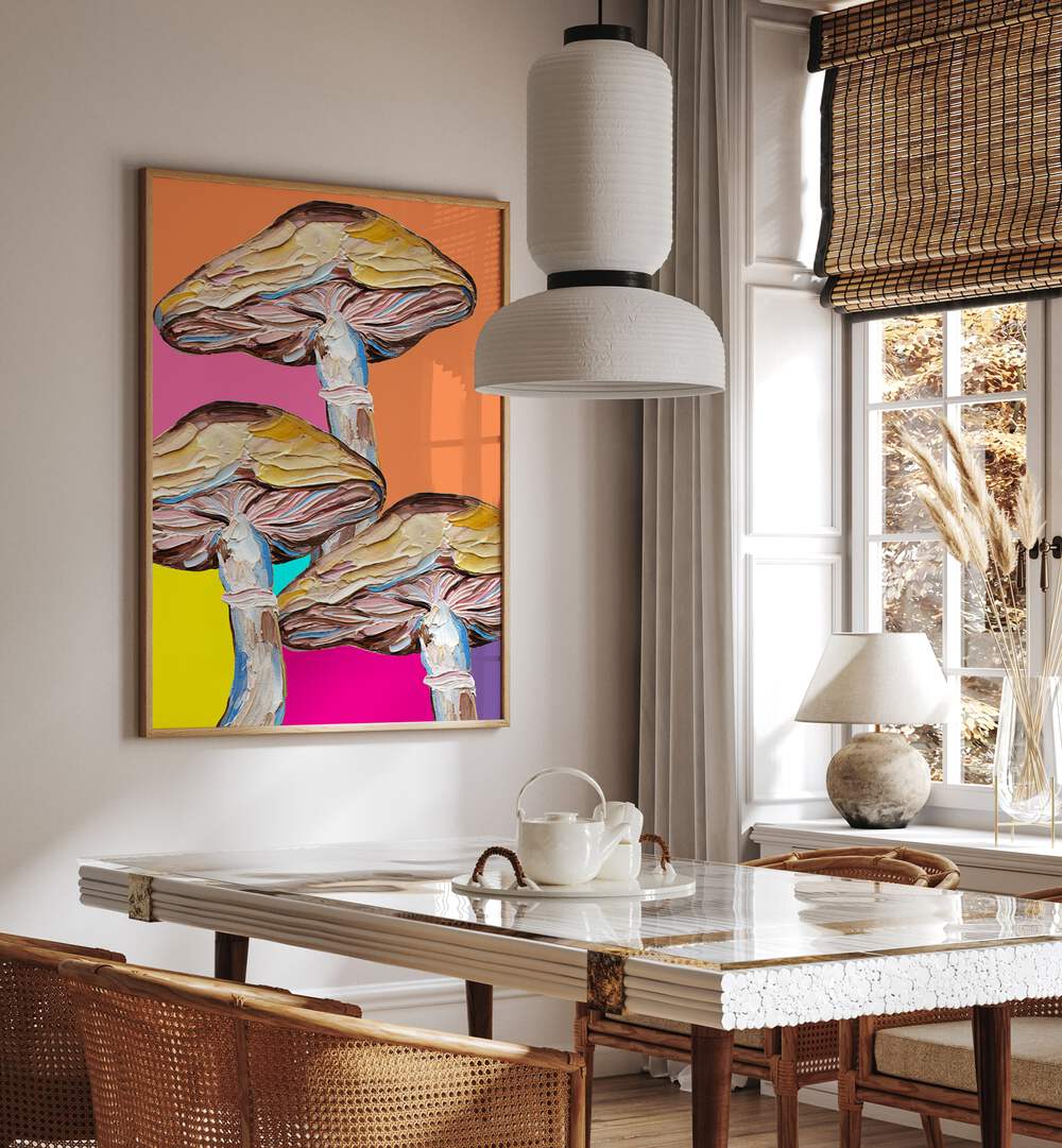 Psychedelic Mushrooms by Alice Straker Kitchen Posters Kitchen Art Prints in Oak Wood Plain Frame placed on a wall in a dining room area beside a window and behind a dining table