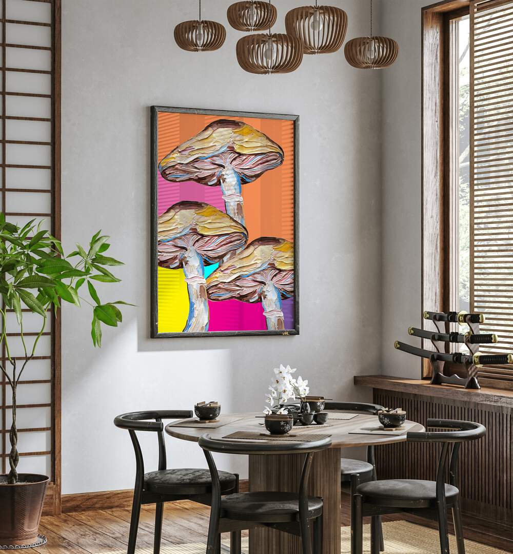 Psychedelic Mushrooms by Alice Straker Kitchen Posters Kitchen Art Prints in Black Plain Frame placed on a wall in a dining room area beside a window and behind a dining table