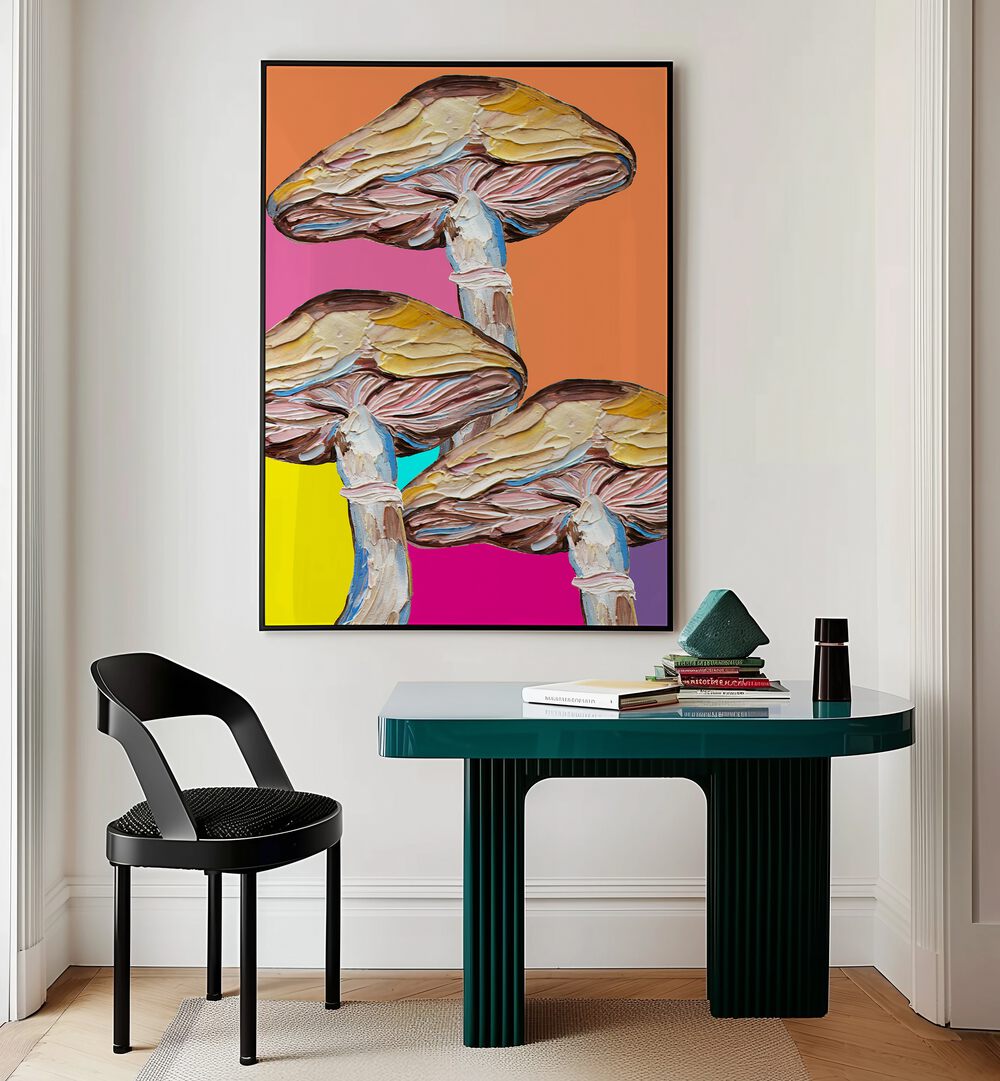 Psychedelic Mushrooms by Alice Straker Kitchen Posters Kitchen Art Prints in Black Plain Frame placed on a wall behind a study table