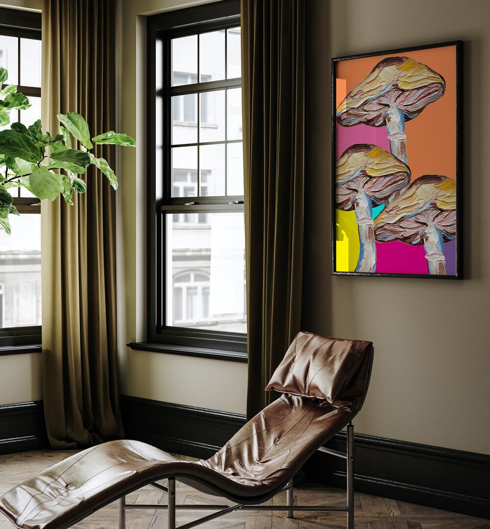 Psychedelic Mushrooms by Alice Straker Kitchen Posters Kitchen Art Prints in Black Plain Frame placed on a wall behind a chair and beside a window for living room