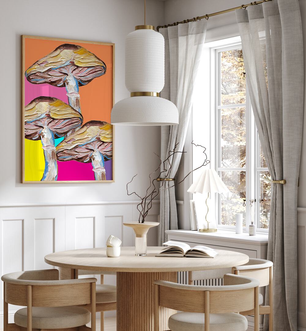 Psychedelic Mushrooms by Alice Straker Kitchen Posters Kitchen Art Prints in Oak Wood Plain Frame placed on a wall in a dining room area beside a window and behind a dining table