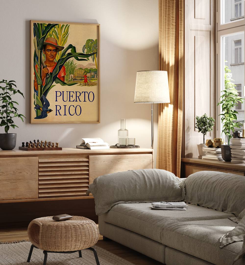 Puerto Rico  Travel Posters in Oak Wood Plain Frame placed on a wall behind a console table