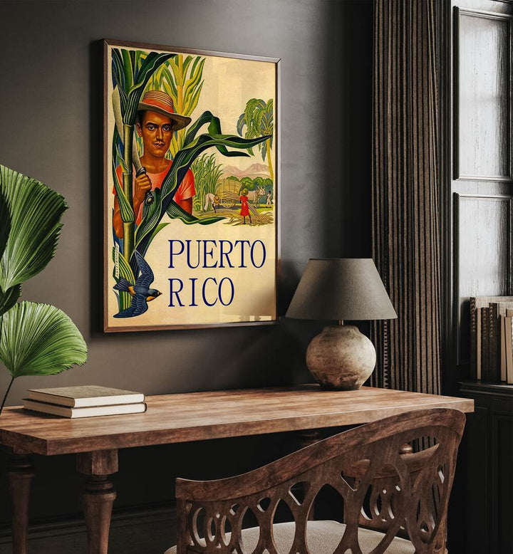 Puerto Rico  Travel Posters in Dark  Wood Plain Frame placed on a wall behind a study table