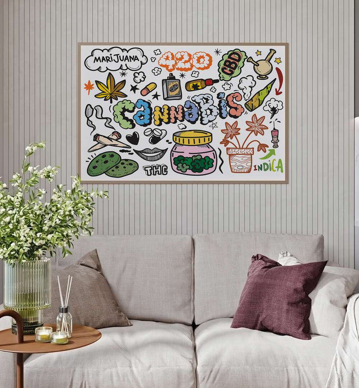 Puff Puff Pass Doodle Art Painting in Oak Wood Plain Frame it is placed on the wall behind the sofa