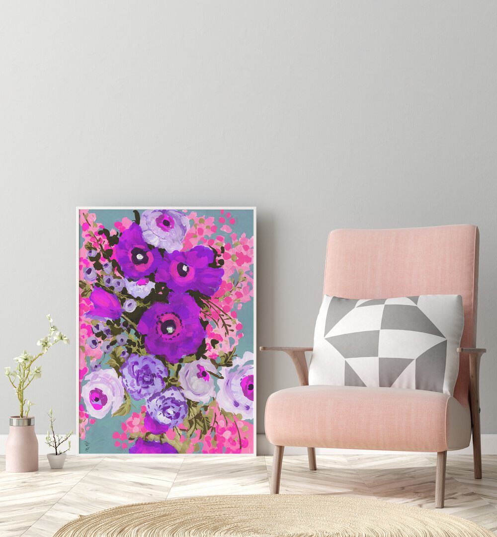 Purple And Rose Pink Bouquet By Ania Zwara Botanical Art Prints Floral Paintings in White Plain Frame placed on the floor near a Grey Colored Wall in the Drawing Room