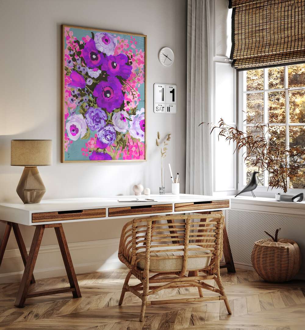 Purple And Rose Pink Bouquet By Ania Zwara Botanical Art Prints Floral Paintings in Oak Wood Plain Frame placed on a White Colored Wall near a Study Table in the Drawing Room