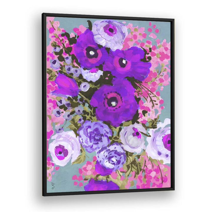 Purple And Rose Pink Bouquet By Ania Zwara Botanical Art Prints Floral Paintings in Black Plain Frame