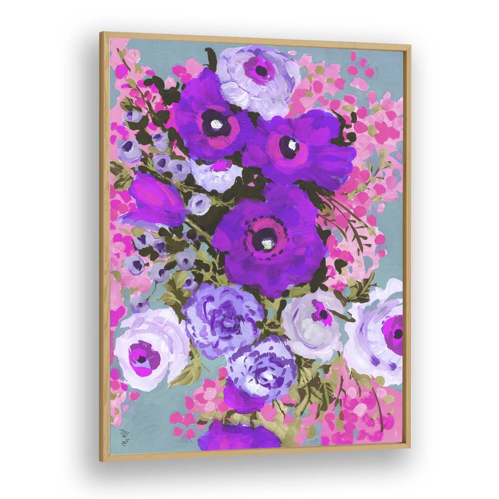 Purple And Rose Pink Bouquet By Ania Zwara Botanical Art Prints Floral Paintings in Oak Wood Plain Frame