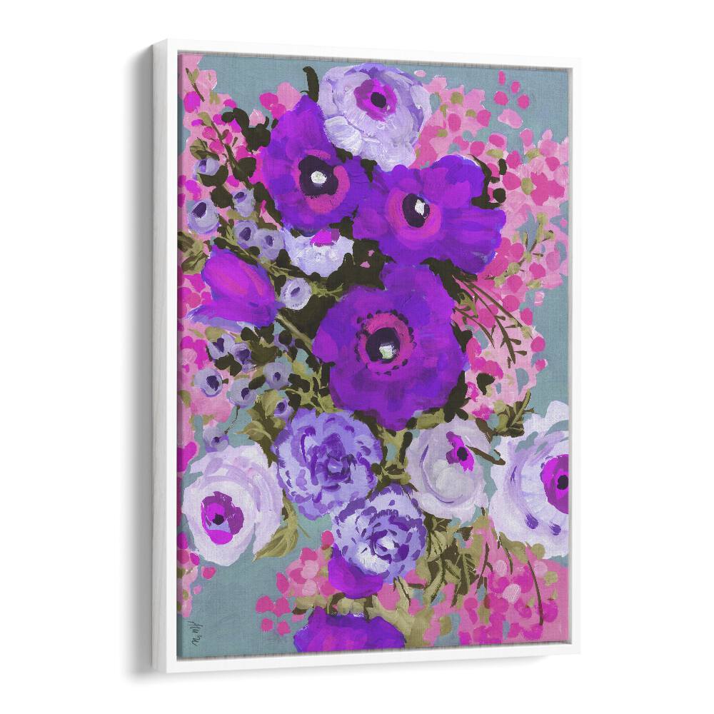 Purple And Rose Pink Bouquet By Ania Zwara Botanical Art Prints Floral Paintings in White Floater Frame