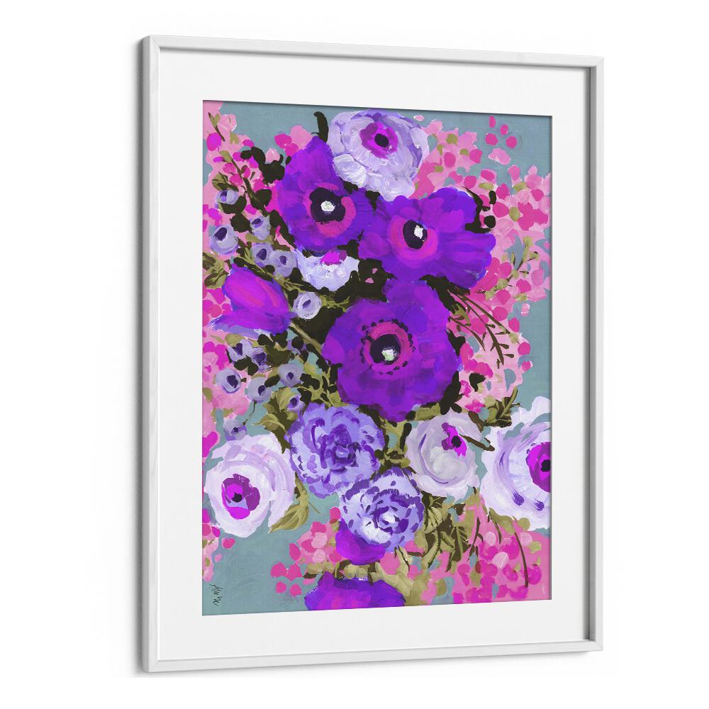 Purple And Rose Pink Bouquet By Ania Zwara Botanical Art Prints Floral Paintings in White Frame With Mount