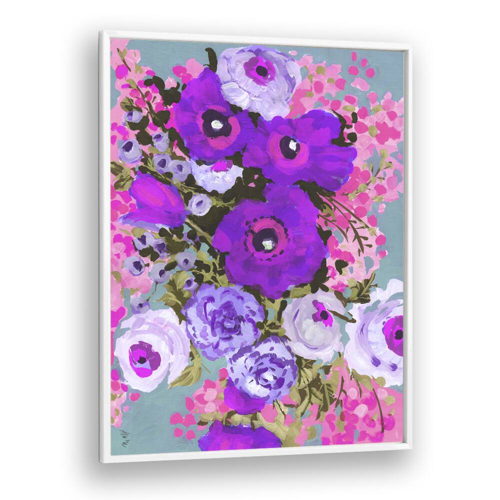 Purple And Rose Pink Bouquet By Ania Zwara Botanical Art Prints Floral Paintings in White Plain Frame